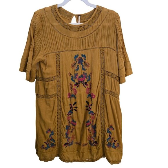 Free People Victorian Mini Dress Mustard Embroidered A Line Bohemian Size L - Picture 2 of 12